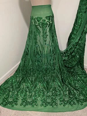 Tela de encaje de malla bordada lentejuelas elásticas 4 vías verde 50” ancho 1 yarda Foto 1 de 4