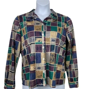 Vintage Blouse Sz Medium Button Up Shirt Geometric Leaf Print Cottagecore Blair - Picture 1 of 5