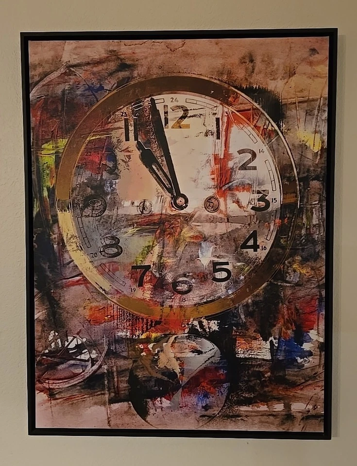 涂鸦钟墙艺术现代抽象利基帆布 - 42x32 黑色框架 — 第 1/1 张图片