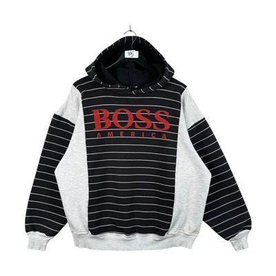 Vintage Boss America Striped Hoodie Black Mens XL - Image 1 of 4