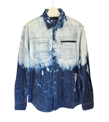Sean John Distressed Denim Cumulus Stone Wash Button LS Shirt Men L Blue Ombre - Image 1 of 4