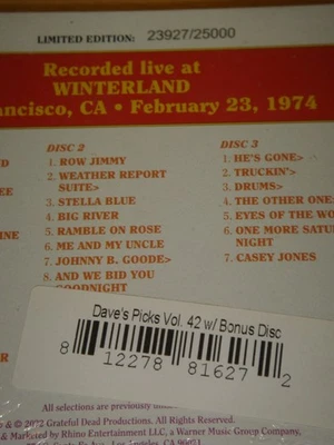 Grateful Dead DAVE'S PICKS 42 With 2022 BONUS DISC Winterland SF 1974 SEALED 4CD - Image 1 of 4