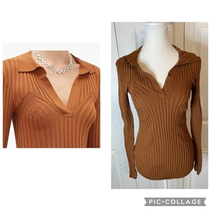 TOTÊME Arradon Ribbed Knit Rayon Blend Top Large Tobacco Brown L V Neck - Imagen 1 de 11