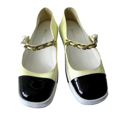 Miu Miu Yellow Patent Leather Pearl Mary Jane Shoes Black Toe Cap  EU 37 / US 7 - Image 1 of 4