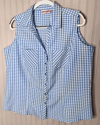 Joanna Plus Women TOP 1X Blue White Gingham Checked Buttons Pockets Cool - Image 1 of 4