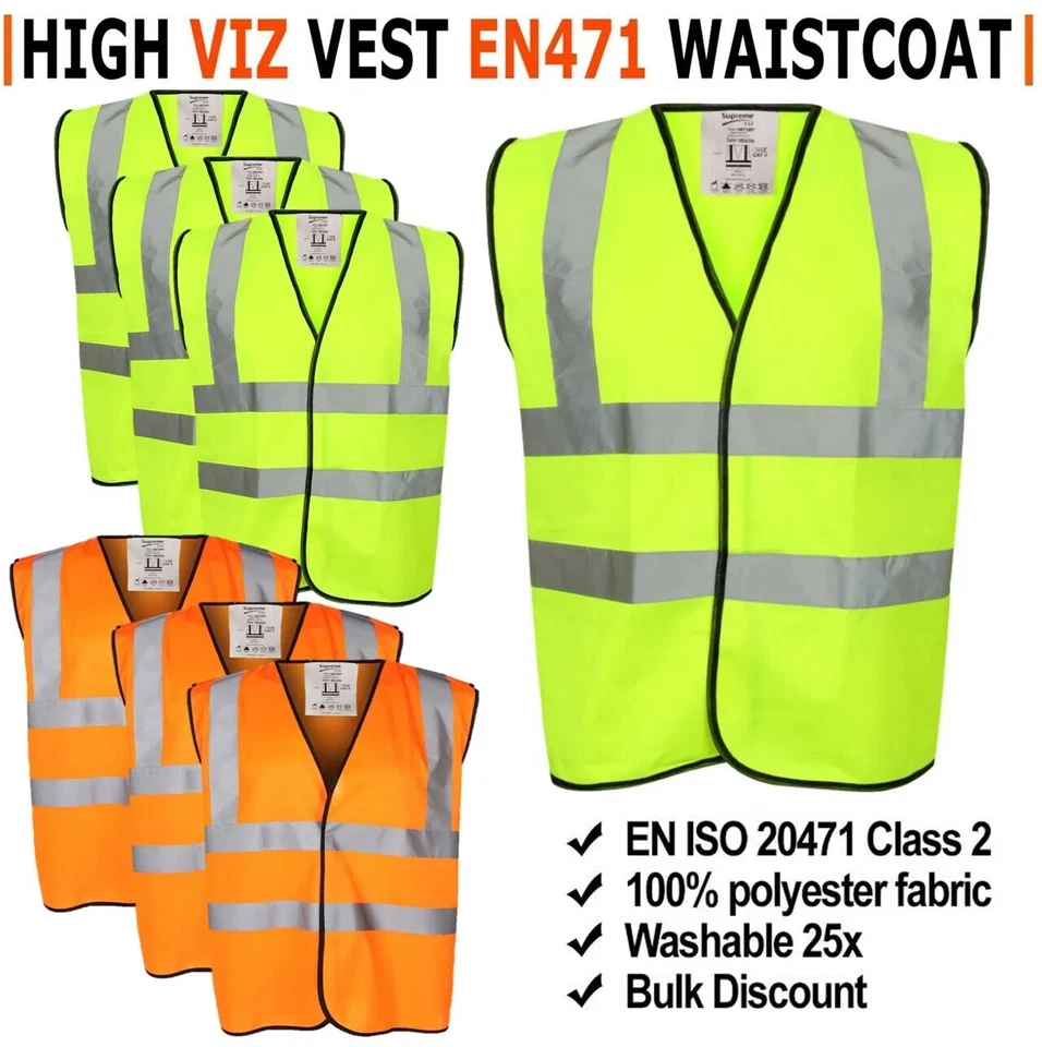 Hi Viz Vest High Vis Safety | YELLOW ORANGE | EN471 Waistcoat Visibility Jacket - Image 1 of 1