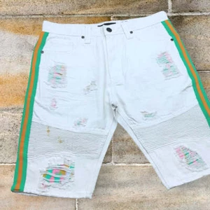 Men's Makobi White | Green | Orange Hand-Painted Denim Shorts NWT - Picture 1 of 3