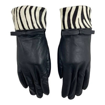 Винтажные женские перчатки ETIENNE AIGNER M 7 кожа запястье шерсть с подкладкой бант зебра новые из старых запасов - Изображение 1 из 4