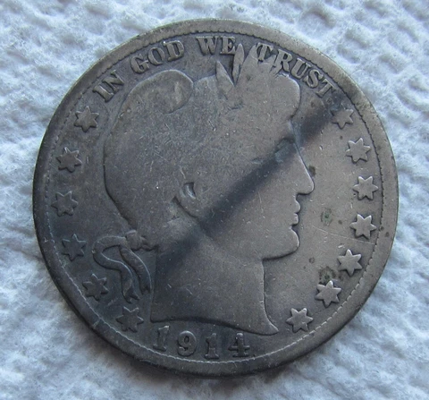 1914 50C Barber Silver Half Dollar Rare Key Date Philadelphia Good Detail Marks Cover