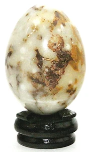 Solid Marble Egg Vintage Alabaster with Lacquer Stand Brown Beiges 3.25" Leopard - Picture 1 of 7