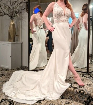 Vestido de novia Mikaella 2380 marfil crepé calce y acampanado con abertura, ¡nuevo! Talla 8 Foto 1 de 4