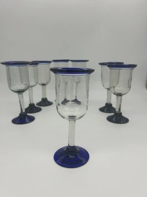 Set Of 8 Mexico Thick Blown Glass Bubble Art Goblet Margarita Cobalt Blue Rim - Image 1 of 4