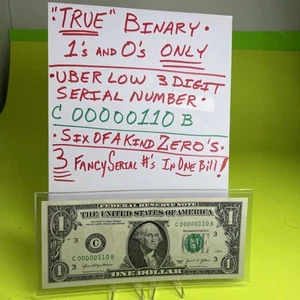 $1 Dollar LOW Fancy Serial Number C00000110B 3 DIGIT True BINARY 6 Of A Kind - Picture 1 of 18
