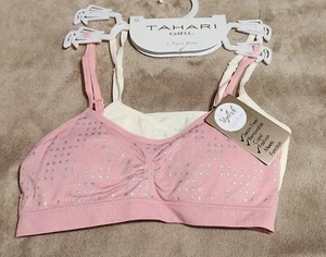 NUEVO CON ETIQUETAS SUJETADORES acolchados para jóvenes talla mediana Tahari Girl DOS Beige/Rosa con estrellas plateadas - Imagen 1 de 6