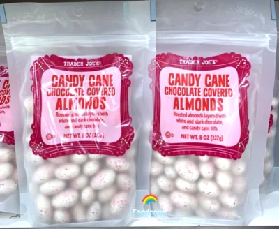 2 Packs Trader Joe's Candy Cane Chocolate Covered Almonds 8 oz Each = 16 oz - Image 1 of 3