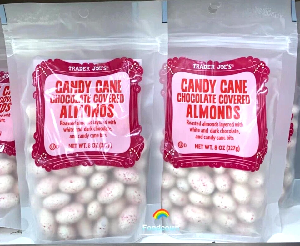 2 Packs Trader Joe's Candy Cane Chocolate Covered Almonds 8 oz Each = 16 oz - Image 1 of 3