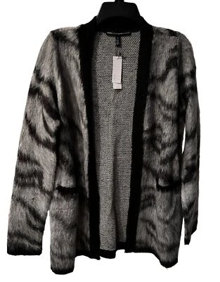 WHBM Cardigan 女式 S 羊驼羊毛毛衣灰色模糊条纹口袋职业新品 — 第 1/4 张图片