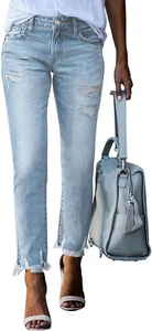 Womens Jeans Mid Waisted Stretchy Ripped Distressed Tummy Control Straight Ankle - Picture 1 of 12