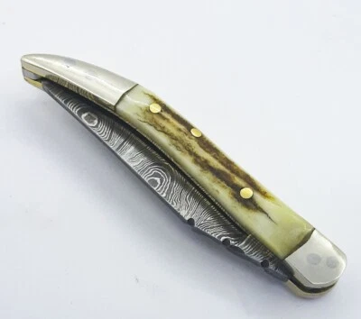 HAND FORGED Texas Toothpick Damascus Stag/Antler Folding Pocket Knife W/Sheath - Image 1 of 4