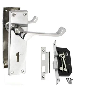 Manijas de puerta con cerradura de palanca cromo pergamino victoriano + cerradura de faja vendida como juegos D1 - Imagen 1 de 26