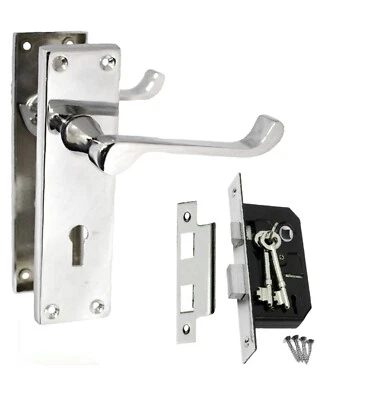 Door Handles Lever Lock Chrome Victorian Scroll + Sash Lock Sold As Sets - Image 1 of 4