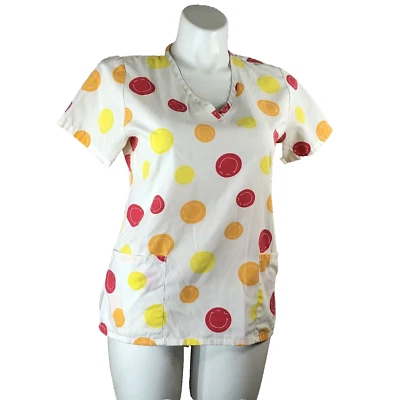 Scrubs Top Womens Small Smiley Faces Red Yellow Orange Circles on White Egypt - Image 1 of 4