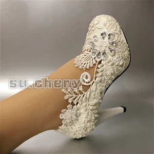 su.cheny 7 / 10 cm heel White light ivory lace pumps Wedding Bridal shoes - Picture 1 of 8