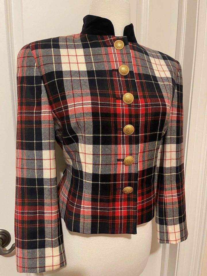 Blazer Mondi Vintage Cuadros Recortado Lana Terciopelo Detalles Talla 36 ~ Hecho en Hungría Foto 1 de 4