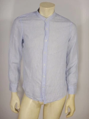 BRUNELLO CUCINELLI Lesiure Fit Band Collar Blue Striped Linen Shirt Size SMALL - Image 1 of 4