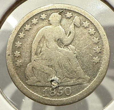 1850 Seated Liberty Half Dime 5C Silver US Coin Holed - Image 1 of 4