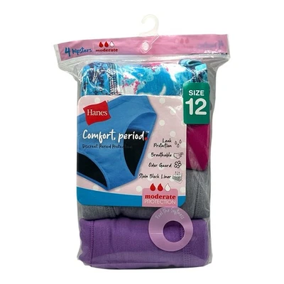 Período de confort Hanes. Bragas Hipster - Niñas Talla 12 (Paquete de 4) Moderadas - ¡NUEVAS!! Foto 1 de 4