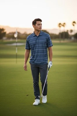 Polo de golf Tiger Woods para hombre GRANDE L gris a rayas manga corta 60/2 doble Foto 1 de 4