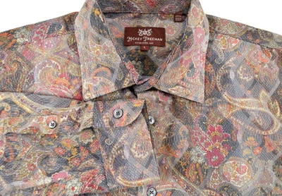 Hickey Freeman Shirt Mens L Brown Red Floral Paisley Casual Boho Hippy - Image 1 of 4