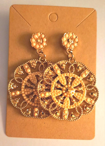 Large Floral Drop Dangle Goldtone 2" Pierced Earrings Rhinestones