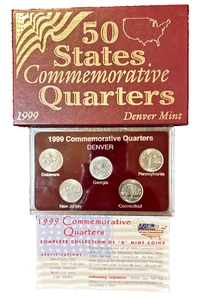 1999 Commemorative State Quarters Set Denver Mint 5 Coins in original box & COA - Picture 1 of 6