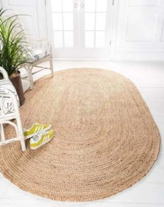 Hand Braided Beige Jute Rug Oval Shape Home Décor Bohemian Vintage Jute Area Rug - Picture 1 of 6