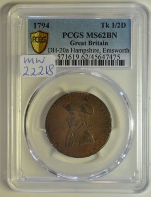 mw22218 Great Britain Hampshire, Emsworth; 1/2 Penny Token 1794 PCGS MS62 DH#20a - Image 1 of 4