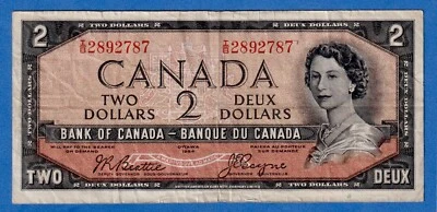 CANADA $2 1954 BC-30b / P-67b  QE II Circulated DEVIL'S FACE 👿  I/B 2892787 - Image 1 of 3
