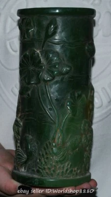 Florero lápiz maceta cepillo estatua pez hoja de loto talla jade verde chino de 8" Foto 1 de 4