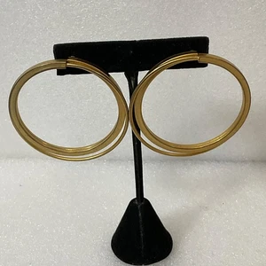 Vintage Gold Tone Hoop Earrings 2.5in Large Double Band Post Pierced 21g Retro - Picture 1 of 15