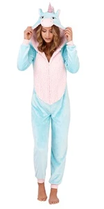 Womens 3D Unicorn All In One Pyjamas Hooded Sherpa Fleece Nightwear Jumpsuit - Picture 1 of 6