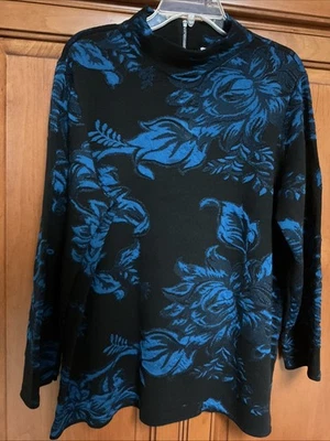 CHICO’S 尺寸 3 (XL) 花卉提花 MockNeck LS 毛衣,黑色/蓝色,拉链,二手状况完好 — 第 1/4 张图片