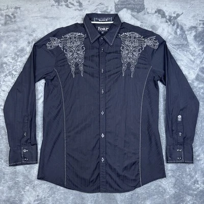 Roar Shirt Men's L Long Sleeve Button Up Embroidered Black Cotton Blend - Image 1 of 4