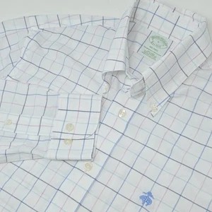 Brooks Brothers Milano Shirt Men’s Small White Blue Pink Windowpane Supima - Picture 1 of 7
