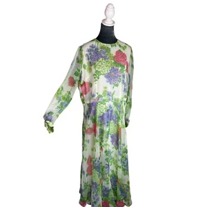 70er Jahre - Union Made - Maxi Langarm Kleid - rosa lila Blumen - Strass Sipper - Bild 1 von 11