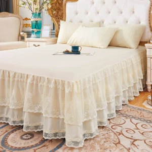 Lace Floral Ruffled Bed Skirt Sheet Retro Solid Bedspread Dust Ruffle Cover Soft - Picture 1 of 18