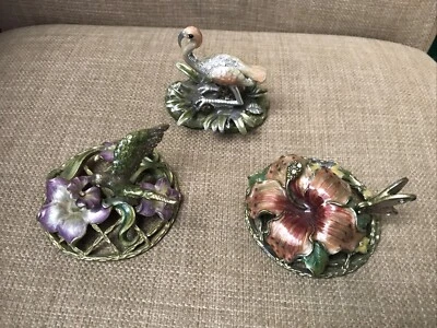 Vintage Enamel Picture Holder Base Flower Butterfly  Hummingbird Flamingo Lot - Image 1 of 4