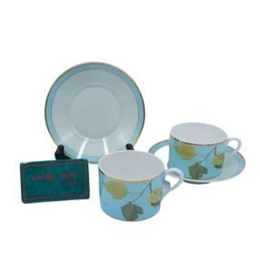 Laure Japy Limoges BRANCHES TURQUOISE 2 Flat Cup & Saucer Sets MINT HTF - Picture 1 of 7