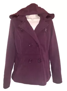 DOLLHOUSE Women’s Double Breasted Lined Hooded DARK PURPLE Pea coat Jacket Sz L - Picture 1 of 4