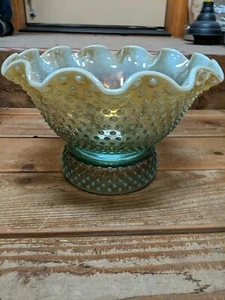 Fenton Hobnail Opalescent 12" Ruffle Punch Bowl Set- Amber/Olive & Turquoise  - Picture 1 of 2